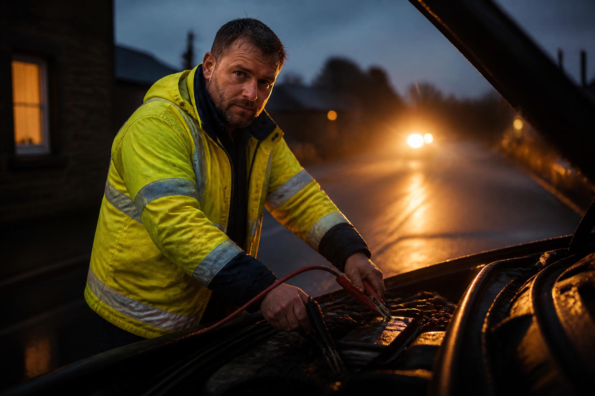 Mobile mechanic connecting jump leads to a car battery at night